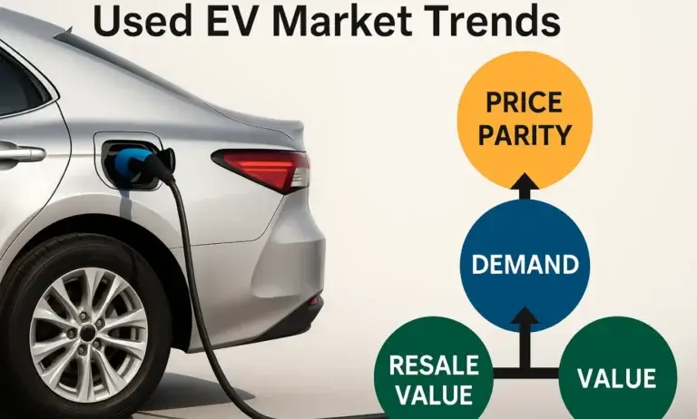 Infographic of a silver electric car charging, highlighting key used EV market trends: price parity, demand, and resale value