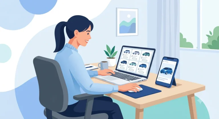 Person comparing used car listings on a laptop and phone with car icons for Cars.com, Autotrader, Carvana, and CarMax