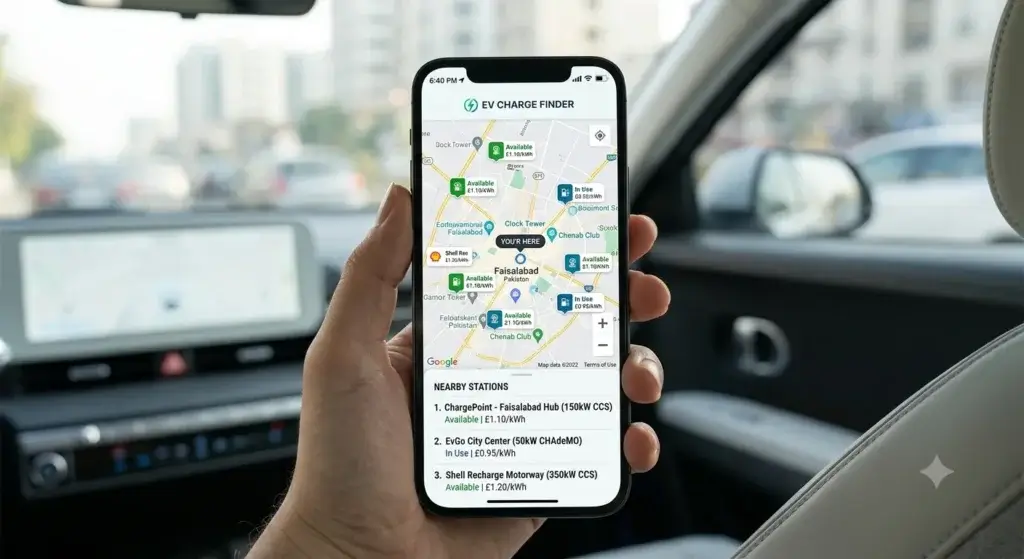 EV charging app on a smartphone showing charger locations and pricing