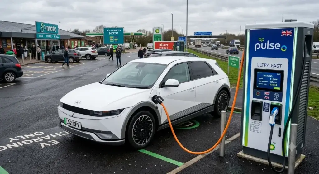 Electric vehicle charging at a rapid charge point on a UK motorway