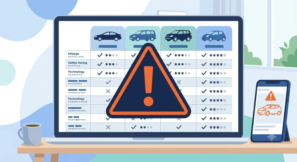 Illustration of a warning triangle over a laptop showing a suspicious car listing