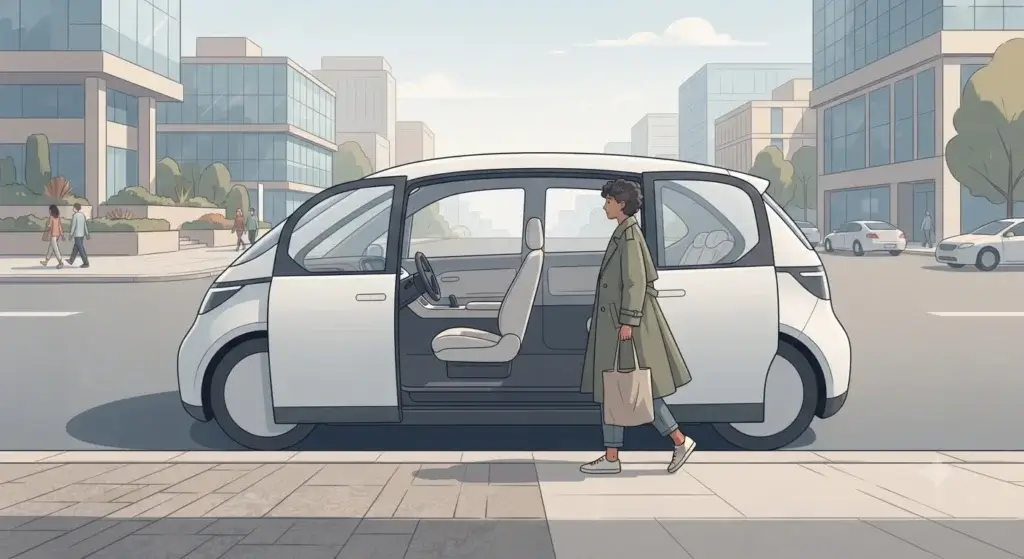Self Driving vehicles Passenger boarding a driverless robotaxi with no steering-wheel driver on a city sidewalk