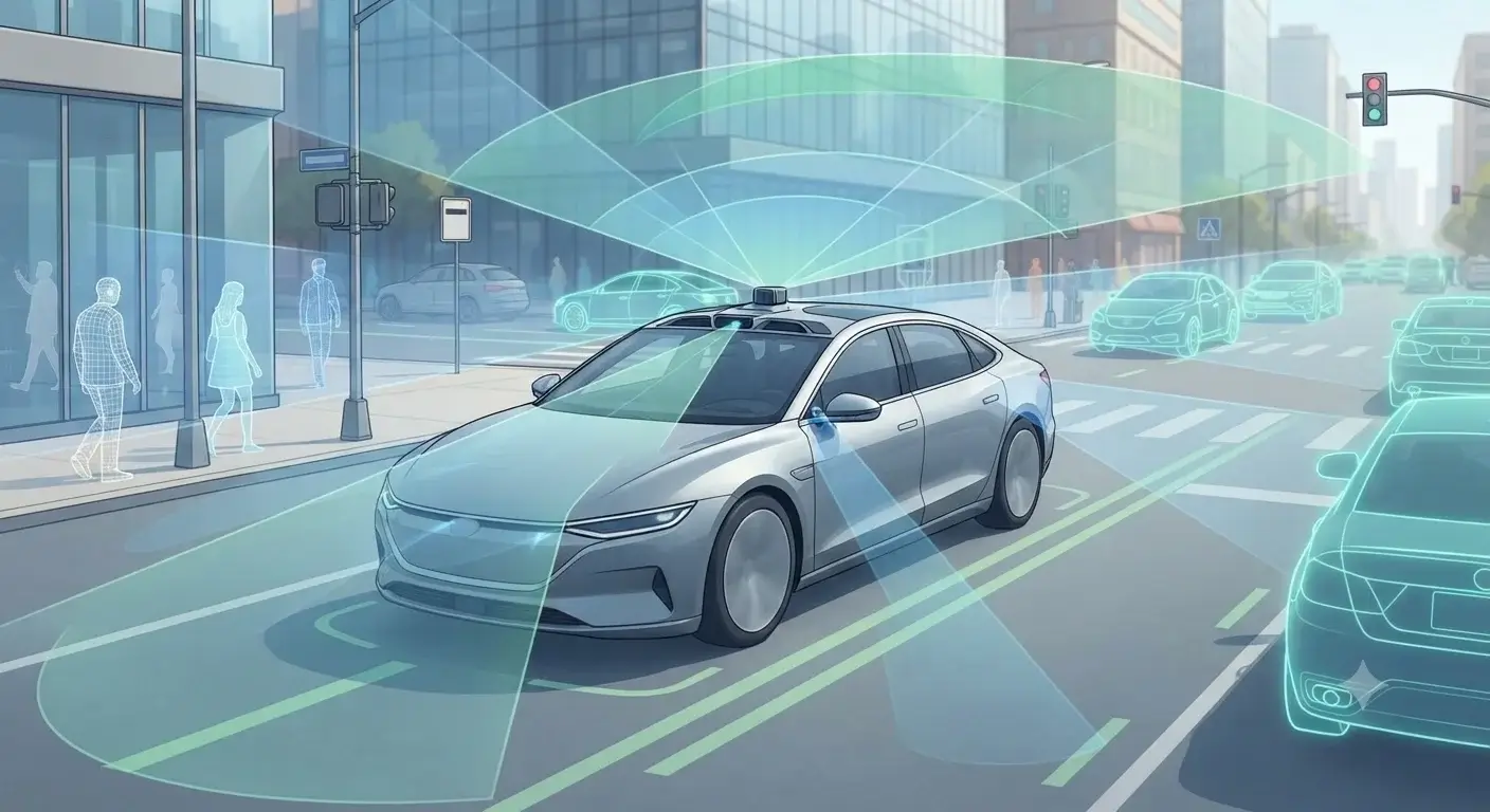 Self-Driving Vehicles navigating a busy city street using real-time sensor detection in 2026