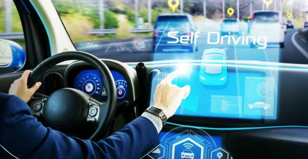 Driver activating self-driving mode on an in-car touchscreen with real-time navigation and vehicle detection display
