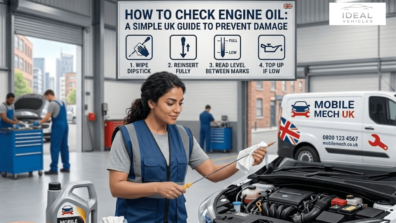 A professional female mechanic with wavy dark hair kneeling in a modern UK workshop, actively wiping and inspecting a car engine oil dipstick. Above her, a prominent sign reads "HOW TO CHECK ENGINE OIL: A SIMPLE UK GUIDE TO PREVENT DAMAGE" with four step-by-step icons. A "Mobile Mech UK" service van is parked in the background. Illustrates a complete guide for car maintenance tips UK for engine care.