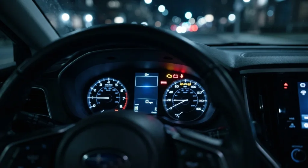 Dashboard warning lights indicating a car needs a mobile mechanic