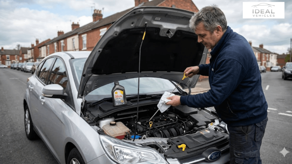 A man checking the car engine oil level using a dipstick on a silver Ford car parked on a UK residential street.