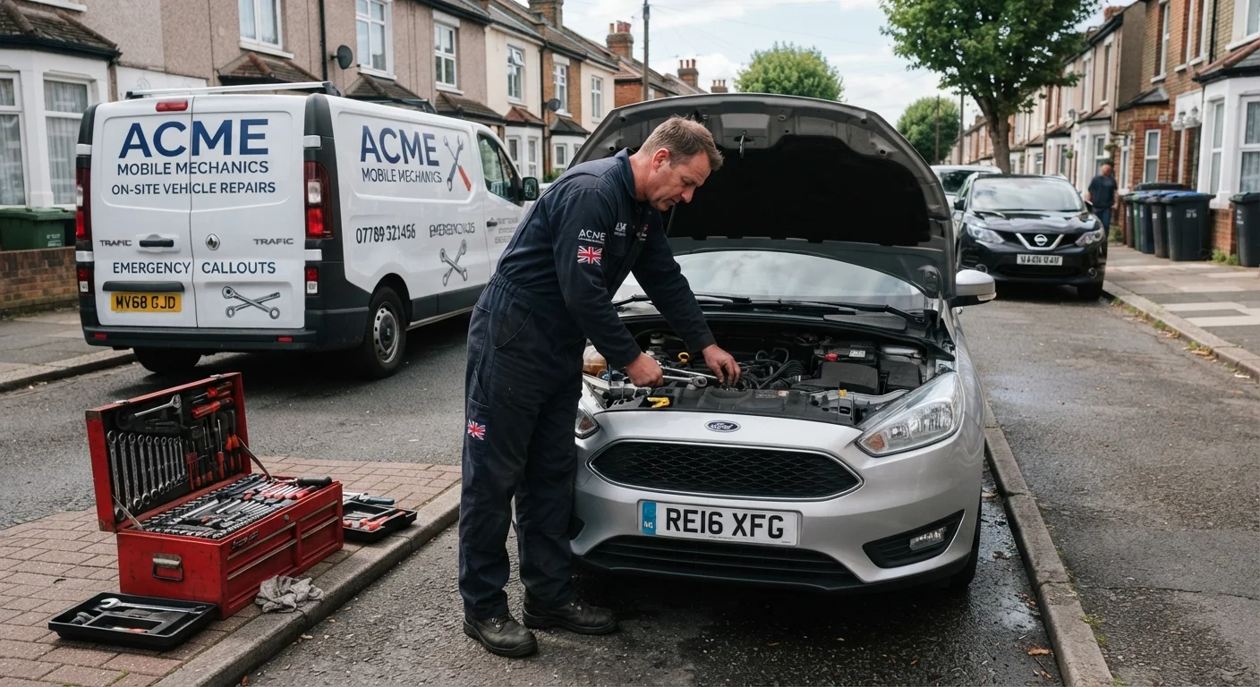 Mobile mechanic repairing a car at a customer's home in the UK