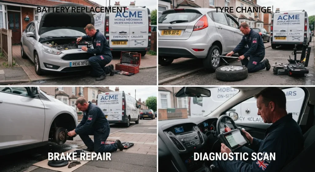 Common mobile mechanic services in the UK including batteries, tyres, and brakes