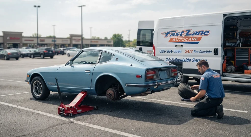 Mobile Mechanic Near Me UK A professional mobile mechanic from Fast Lane Autocare changing a tire on a light blue 1970s vintage coupe parked in a parking lot, supported by a red hydraulic floor jack.