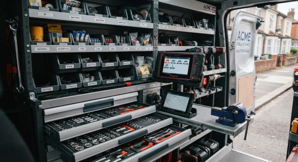 Inside a fully equipped UK mobile mechanic van with tools and diagnostic equipment