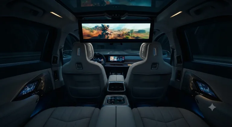Luxurious interior of BMW i7 with massive 31.3-inch Theatre Screen deployed for rear passengers.