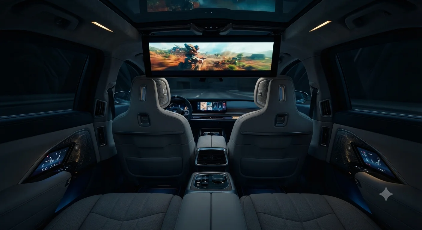 Luxurious interior of BMW i7 with massive 31.3-inch Theatre Screen deployed for rear passengers.
