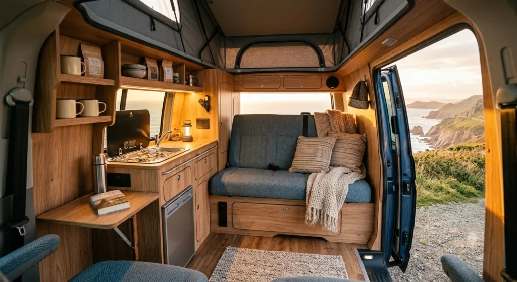 Inside a campervan showing bed and kitchen layout