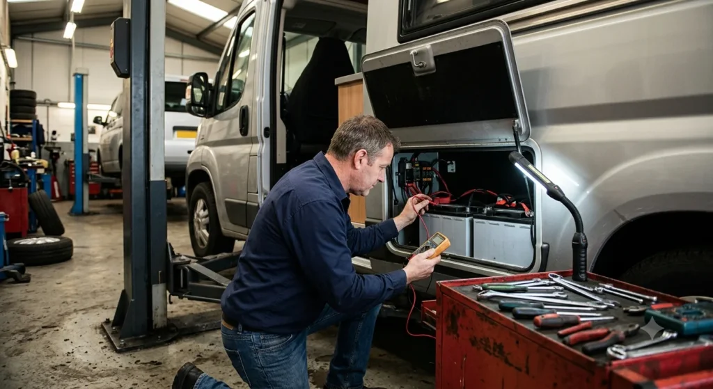 Mechanic checking a camper's leisure battery