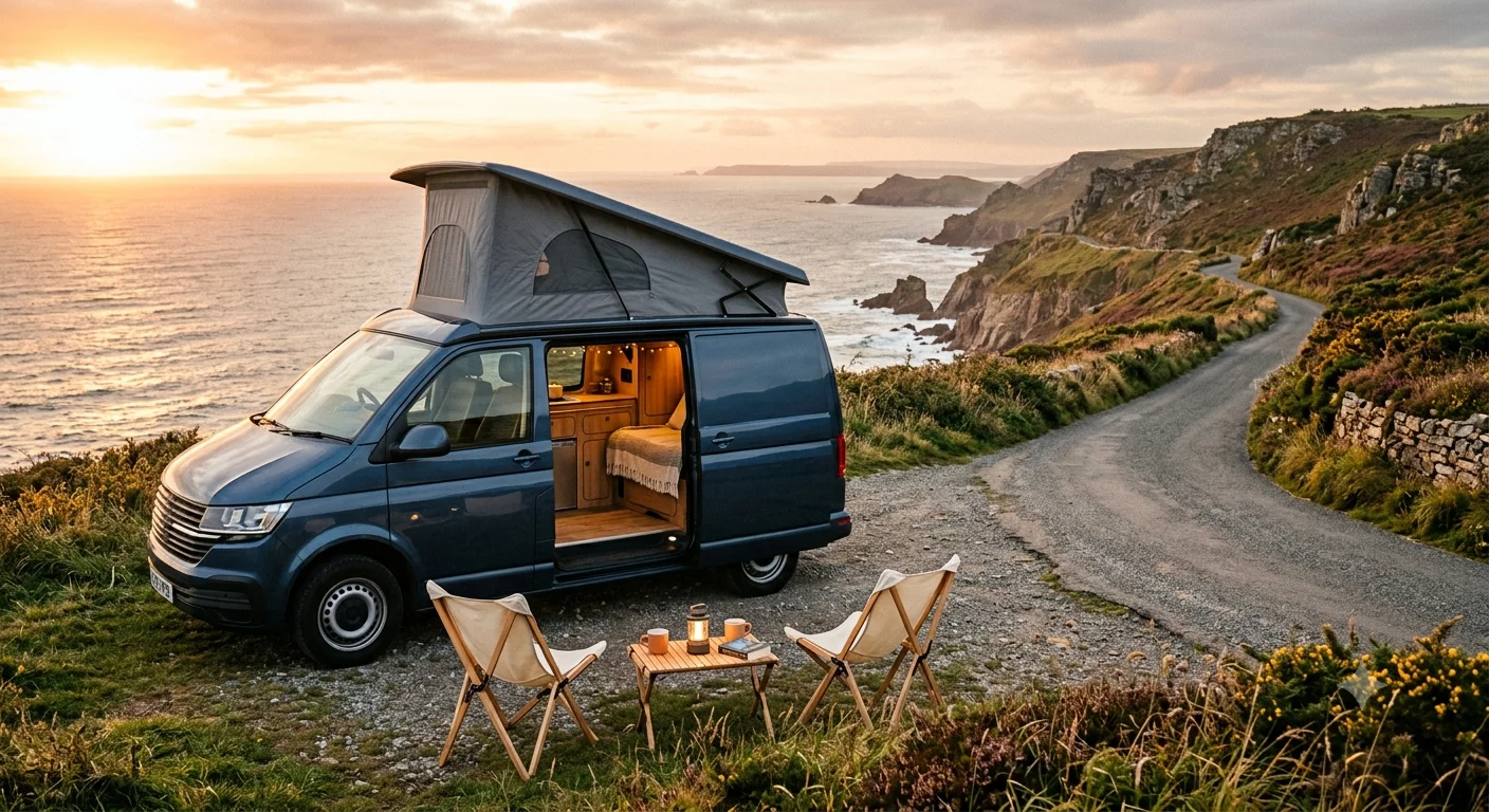 Camper van parked on a UK coastal road at sunset
