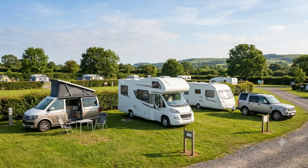 Campervan, motorhome, and caravan parked together for comparison