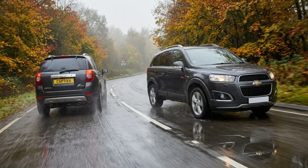 Chevrolet Captiva driving on a wet UK road demonstrating 4WD capability.