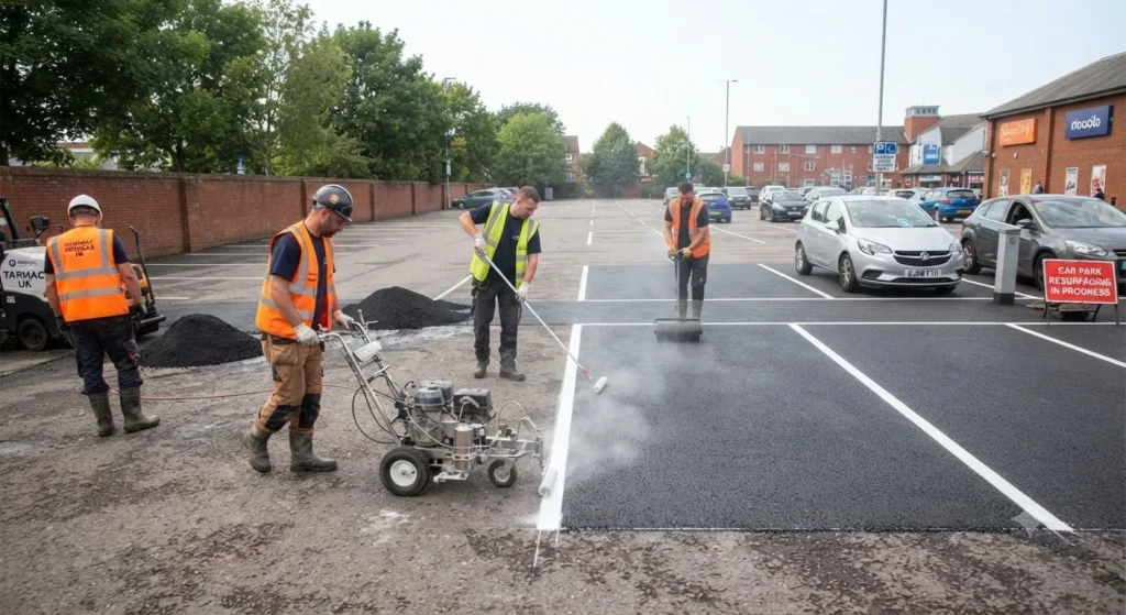 Workers resurfacing and repainting a UK car park