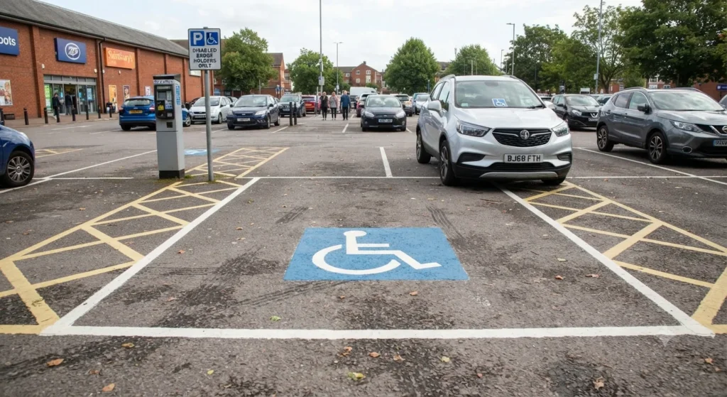 Disabled parking bay with wheelchair symbol in UK car park