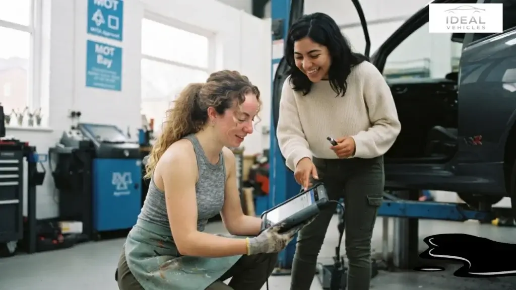 Two female mechanics perform a UK MOT emissions test in a professional garage. The crouching mechanic holds a diagnostic tablet while her colleague points at the screen, with an emissions probe in the car's exhaust pipe. The car is a grey Vauxhall Corsa VXR on a lift.