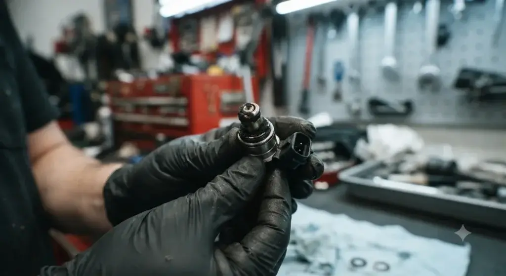 Mechanic inspecting carbon deposits on GDI intake valve