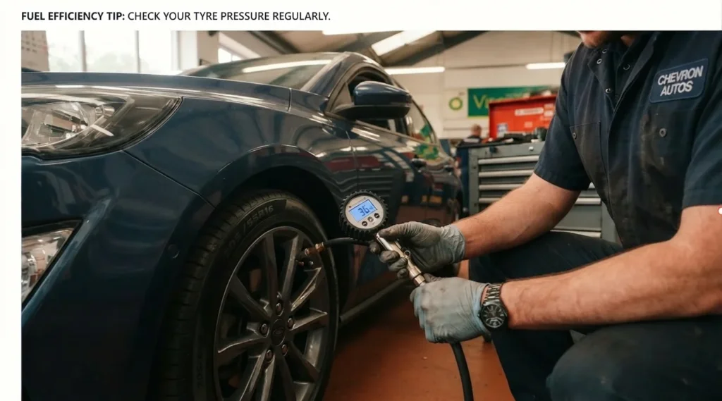 A mechanic wearing 'Chevron Autos' branded uniform and safety gloves checks the tyre pressure of a blue Ford Focus. The digital pressure gauge in his hand clearly shows a reading of 36 PSI.