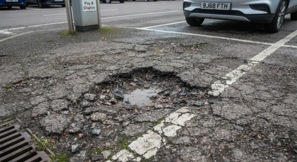 Pothole and cracked surface in a UK car park