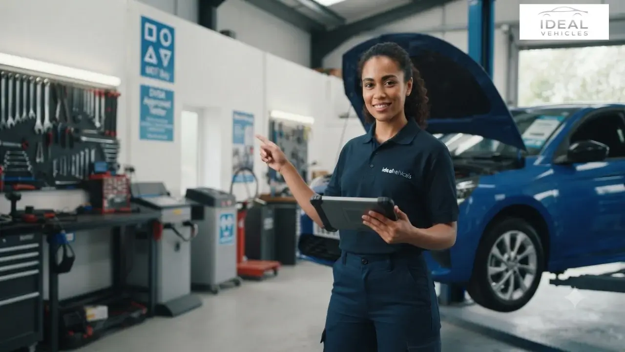 Professional female mechanic with tablet in a clean vehicle workshop.
