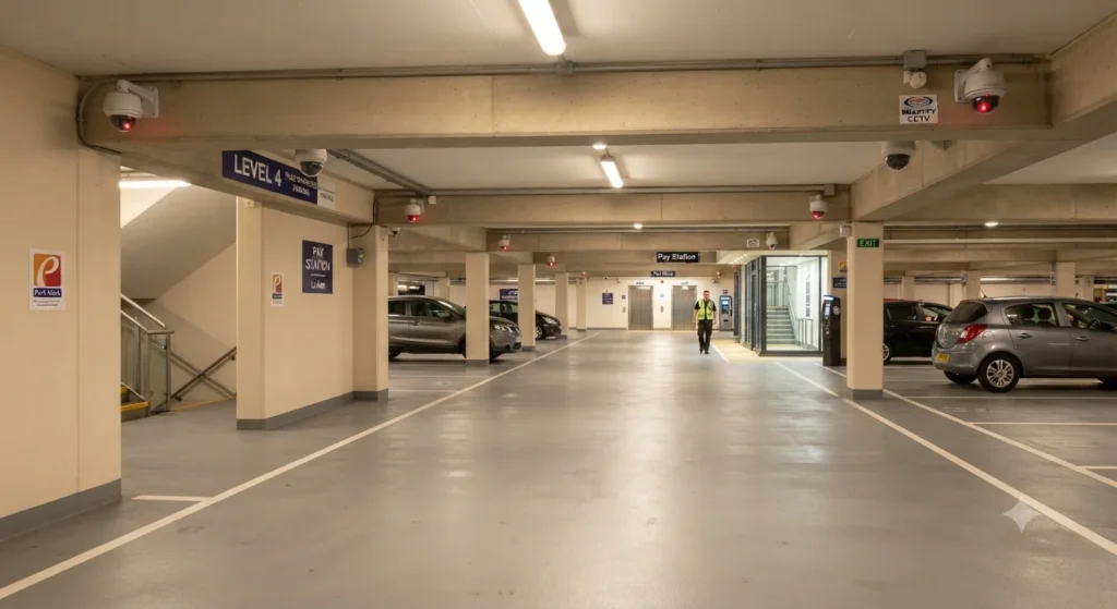 Well-lit and secure UK car park at night