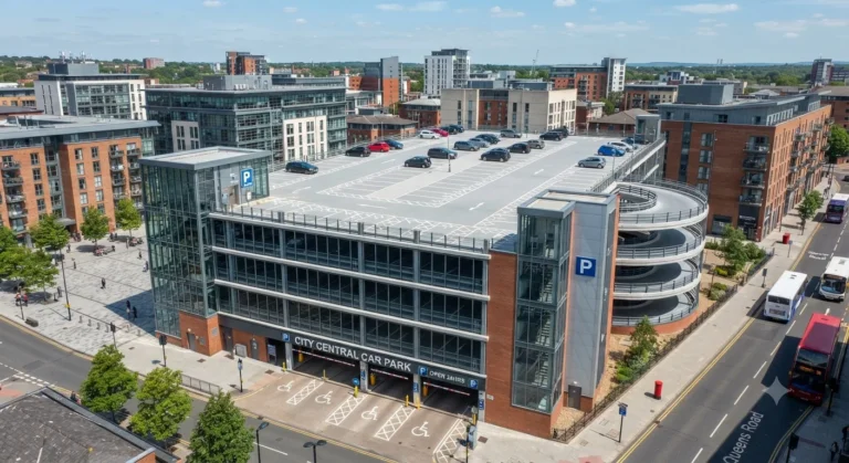 Modern UK parking lot with marked bays and parked cars