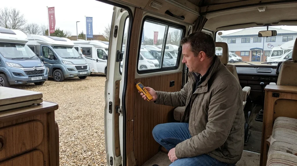 Buyer checking a used camper for damp before purchase