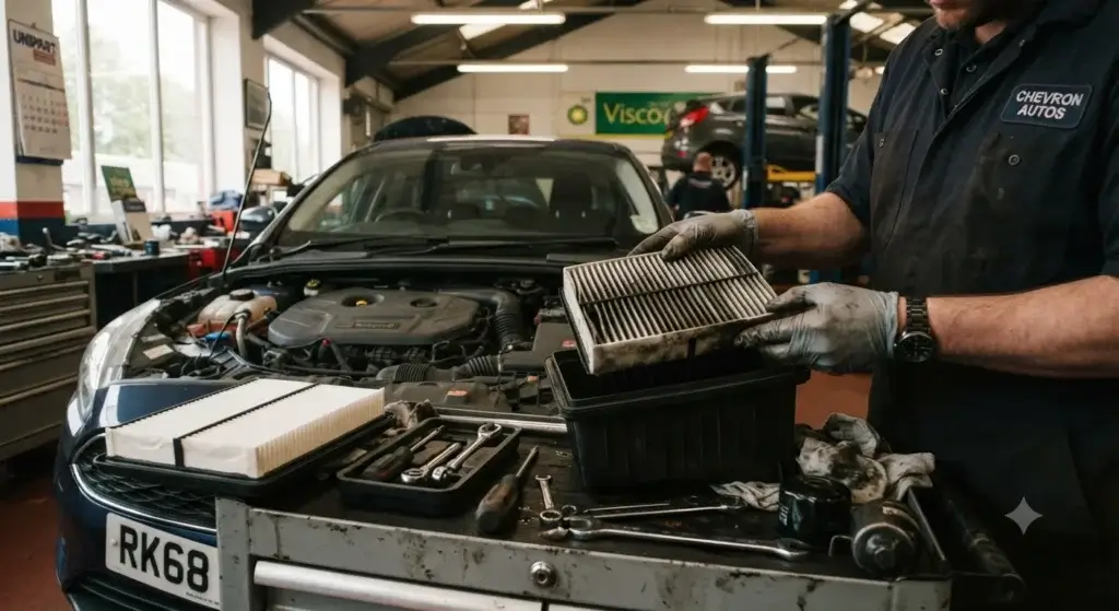 Mechanic checking car air filter for fuel efficiency