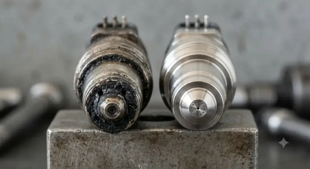 Carbon build-up on a dirty fuel injector nozzle
