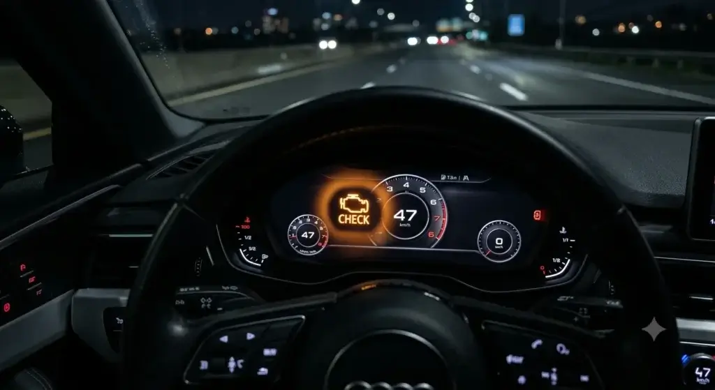 Check engine light warning on car dashboard