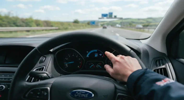 Car dashboard fuel gauge showing fuel efficiency while driving on a UK motorway