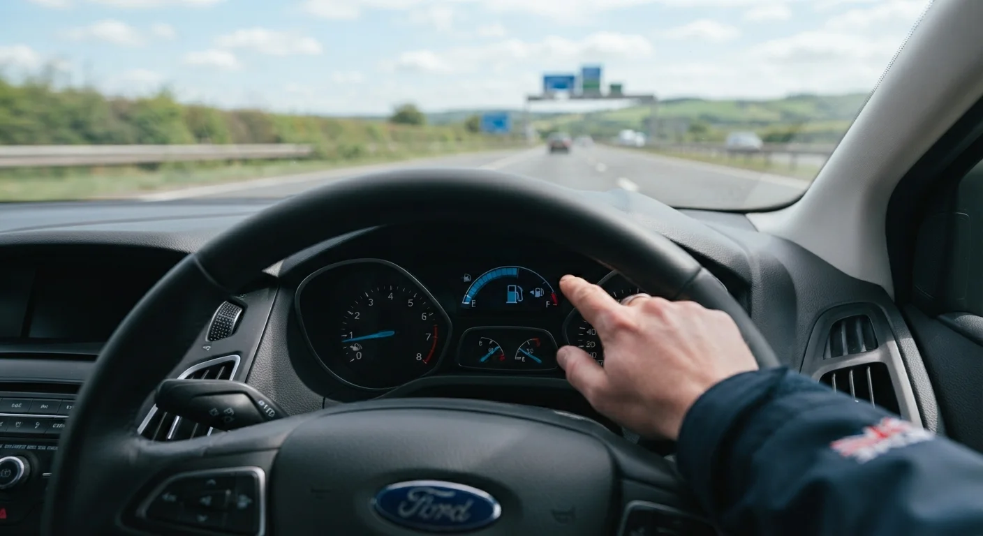 Car dashboard fuel gauge showing fuel efficiency while driving on a UK motorway