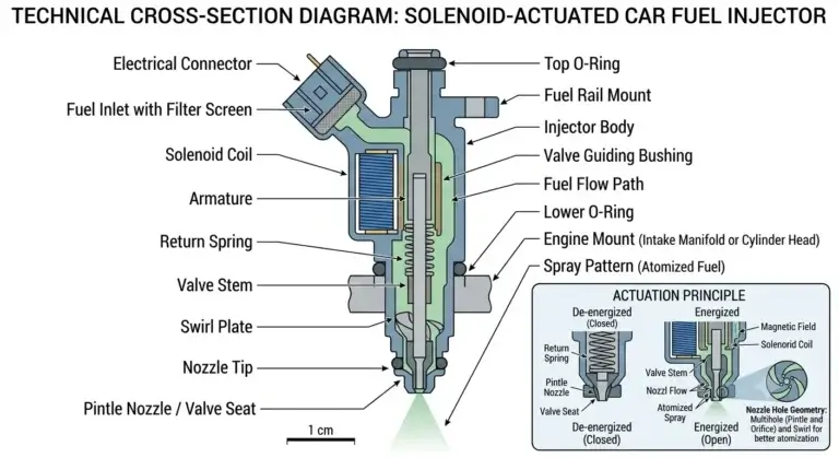 Labelled cross-section diagram of a solenoid-actuated car fuel injector showing nozzle, solenoid coil, valve stem and fuel flow path