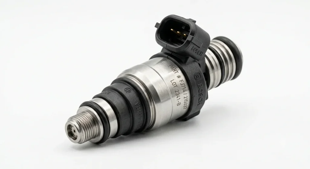 Close-up of a car fuel injector on white background