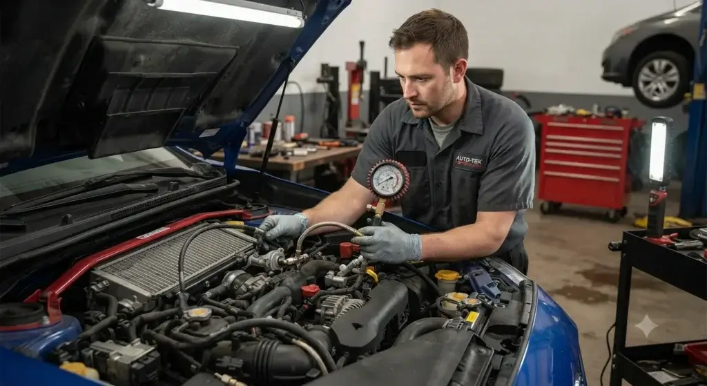 Mechanic testing fuel pump pressure with gauge