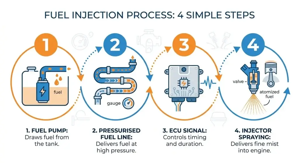 Infographic showing how a fuel injector works step by step