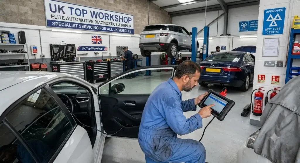 Mechanic running an OBD-II diagnostic scan on a car