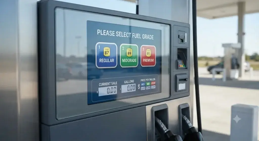 Gas station fuel pump selection screen