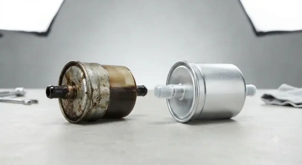 Old clogged fuel filter next to new replacement fuel filter