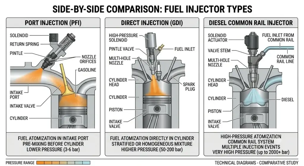 Comparison of port, direct, and diesel fuel injector types