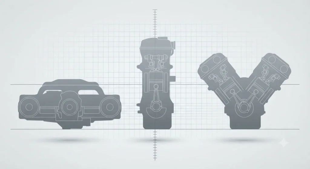 Infographic comparing boxer, inline, and V6 engine shapes and heights.