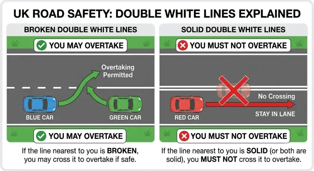 Diagram showing broken vs solid double white line overtaking rules