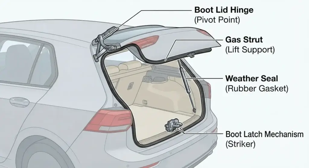 Diagram showing how a car boot's hinges, struts and latch work