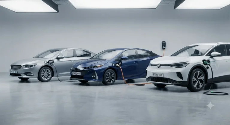 Different cars representing petrol, hybrid, and electric fuel types side by side.
