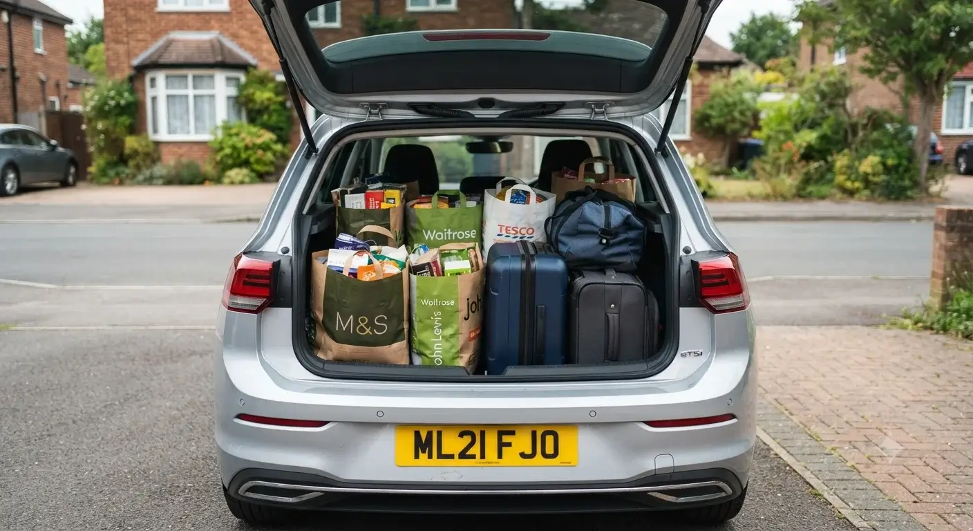 Car trunk (boot) open showing storage space in a UK hatchback